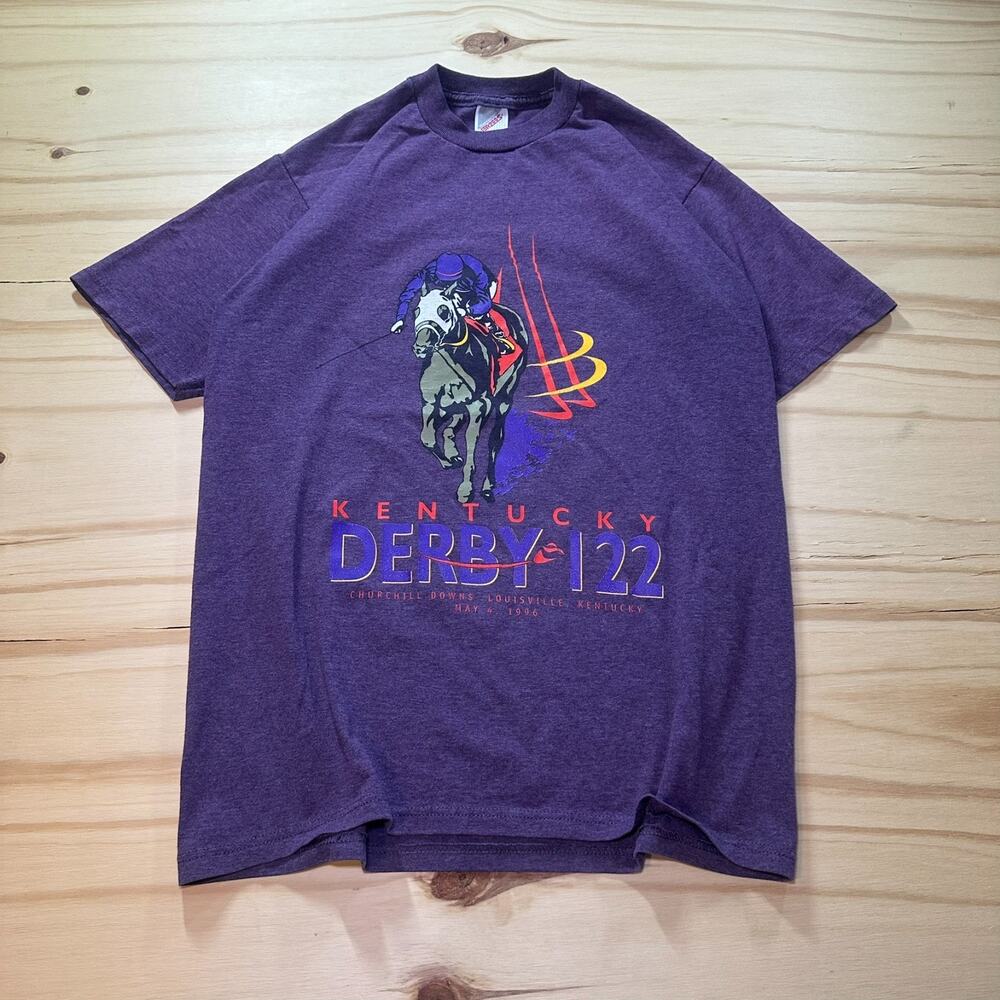 Vintage 90s Kentucky Derby 122nd 1996 Purple Graphic T-Shirt Mens Medium USA